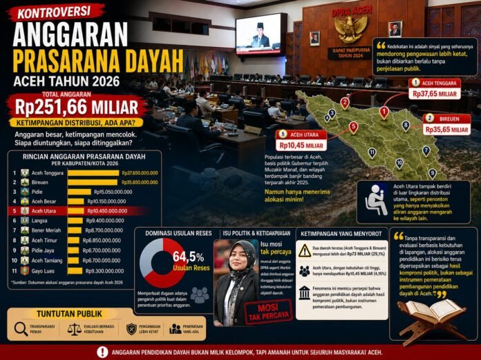 Anggaran prasarana dayah Aceh tahun 2026 sebesar Rp251,66 miliar memicu kontroversi akibat ketimpangan distribusi yang mencolok.
