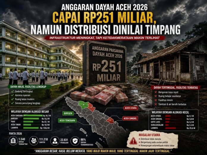 Anggaran dayah Aceh 2026 capai Rp251 miliar, namun distribusi dinilai timpang. Infrastruktur meningkat, tapi ketidakmerataan makin terlihat.