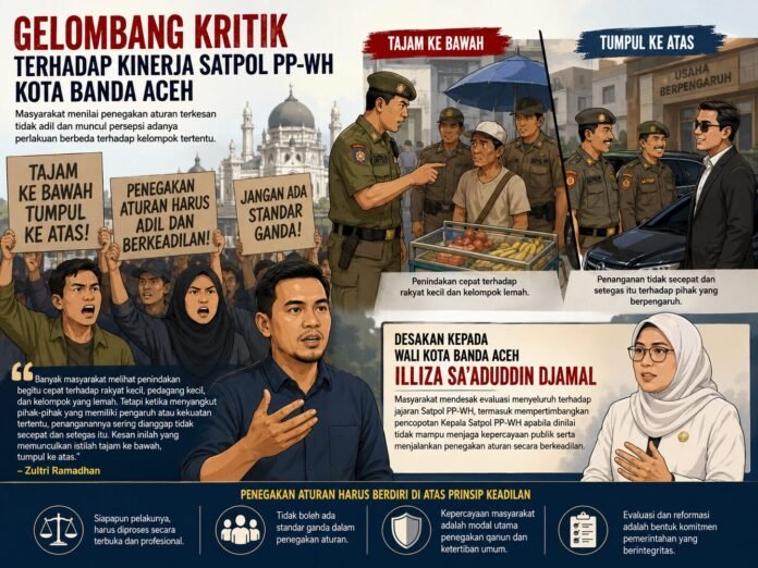 Gelombang kritik terhadap kinerja Satuan Polisi Pamong Praja dan Wilayatul Hisbah (Satpol PP-WH) Kota Banda Aceh kembali mencuat. Sejumlah masyarakat menilai pola penegakan aturan yang dilakukan selama ini terkesan tidak adil dan memunculkan persepsi adanya perlakuan berbeda terhadap kelompok tertentu. Gelombang kritik terhadap kinerja Satuan Polisi Pamong Praja dan Wilayatul Hisbah (Satpol PP-WH) Kota Banda Aceh kembali mencuat. Sejumlah masyarakat menilai pola penegakan aturan yang dilakukan selama ini terkesan tidak adil dan memunculkan persepsi adanya perlakuan berbeda terhadap kelompok tertentu.