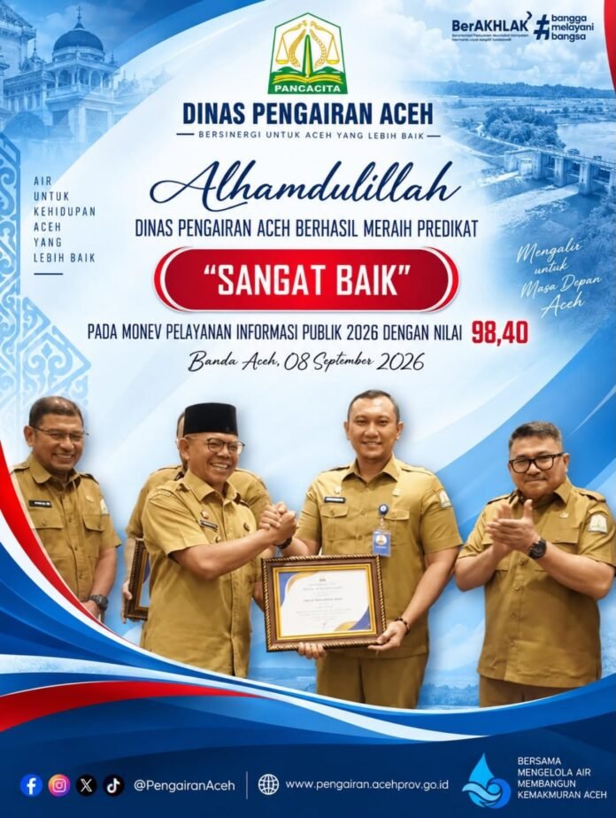 Pejabat Dinas Pengairan Aceh menerima penghargaan atas keberhasilan meraih Peringkat II dalam Monev Keterbukaan Informasi Publik 2026. (Foto: Dok. Humas Dinas Pengairan Aceh) Pejabat Dinas Pengairan Aceh menerima penghargaan atas keberhasilan meraih Peringkat II dalam Monev Keterbukaan Informasi Publik 2026. (Foto: Dok. Humas Dinas Pengairan Aceh)